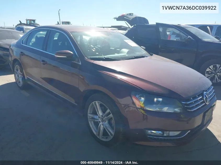 1VWCN7A36DC039922 2013 Volkswagen Passat Sel