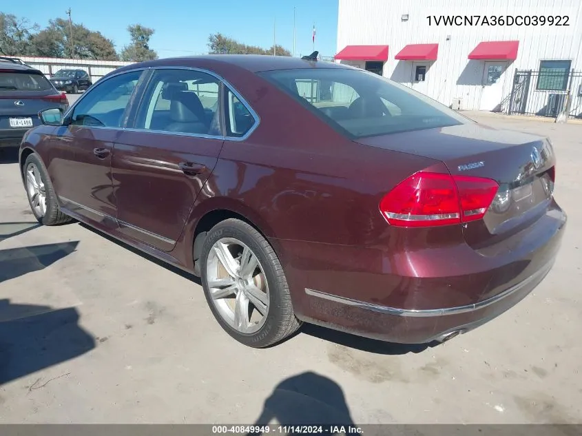 1VWCN7A36DC039922 2013 Volkswagen Passat Sel