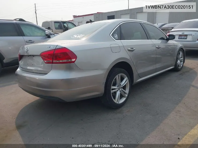 2014 Volkswagen Passat 2.0L Tdi Se VIN: 1VWBN7A30EC020151 Lot: 40301499