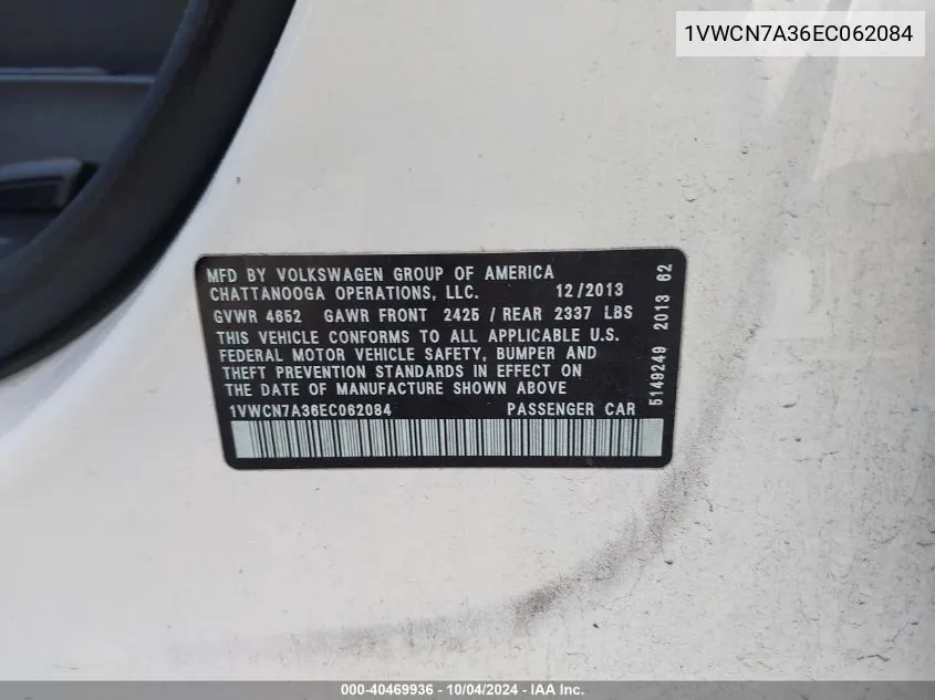 1VWCN7A36EC062084 2014 Volkswagen Passat 2.0L Tdi Sel Premium