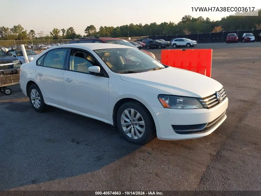 2014 Volkswagen Passat S VIN: 1VWAH7A38EC003617 Lot: 40574663