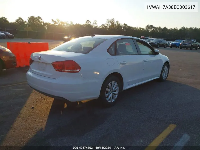 2014 Volkswagen Passat S VIN: 1VWAH7A38EC003617 Lot: 40574663