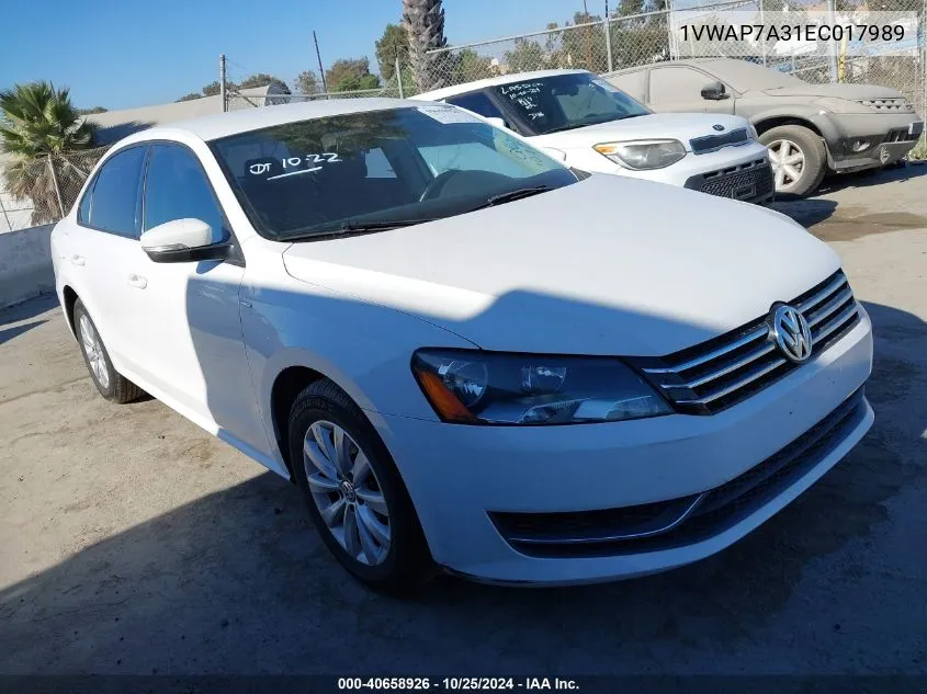 2014 Volkswagen Passat 2.5L Wolfsburg Edition VIN: 1VWAP7A31EC017989 Lot: 40658926