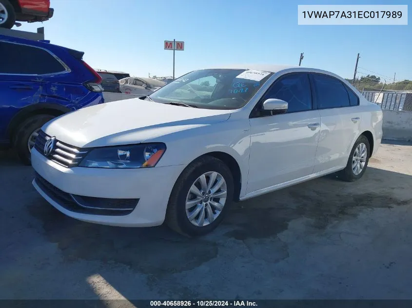 2014 Volkswagen Passat 2.5L Wolfsburg Edition VIN: 1VWAP7A31EC017989 Lot: 40658926