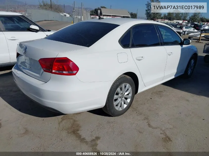 2014 Volkswagen Passat 2.5L Wolfsburg Edition VIN: 1VWAP7A31EC017989 Lot: 40658926