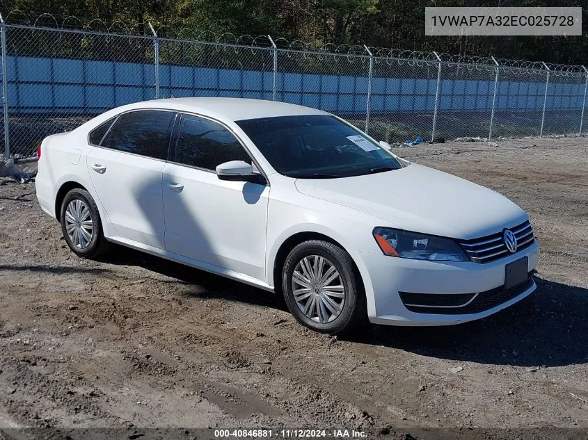 2014 Volkswagen Passat 2.5L S VIN: 1VWAP7A32EC025728 Lot: 40846881