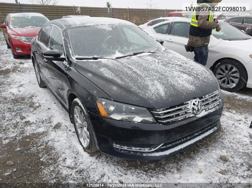 2015 Volkswagen Passat VIN: 1VWBS7A32FC098019 Lot: 12128814