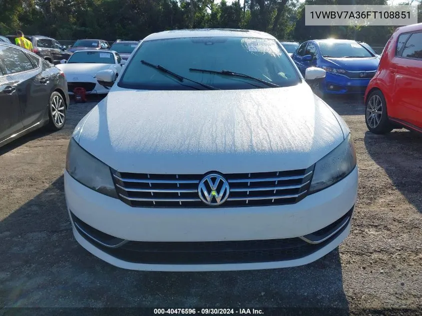 2015 Volkswagen Passat Se VIN: 1VWBV7A36FT108851 Lot: 40476596