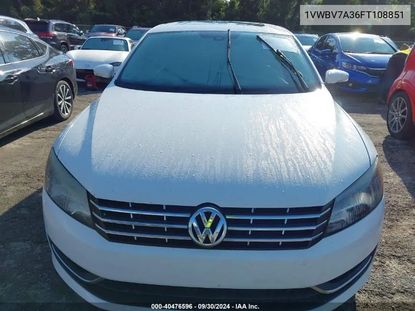 2015 Volkswagen Passat Se VIN: 1VWBV7A36FT108851 Lot: 40476596