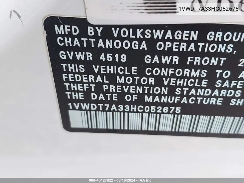 1VWDT7A33HC052675 2017 Volkswagen Passat 1.8T R-Line