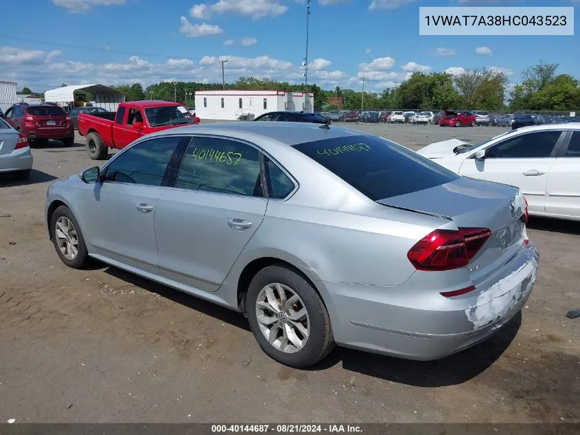 2017 Volkswagen Passat 1.8T S VIN: 1VWAT7A38HC043523 Lot: 40144687