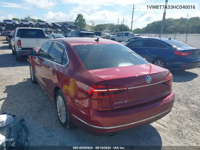 2017 Volkswagen Passat 1.8T Se VIN: 1VWBT7A33HC040016 Lot: 40393924