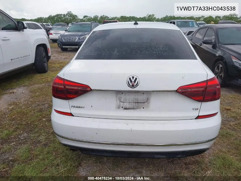 2017 Volkswagen Passat 1.8T R-Line VIN: 1VWDT7A33HC043538 Lot: 40475234