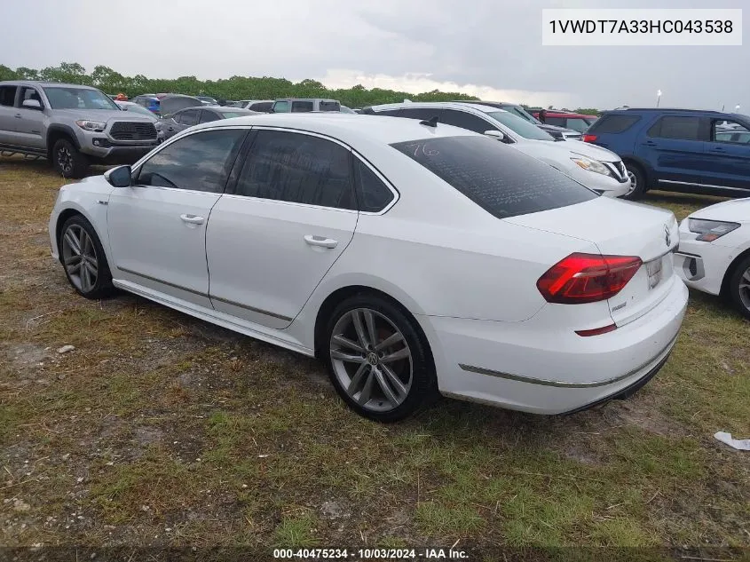 2017 Volkswagen Passat 1.8T R-Line VIN: 1VWDT7A33HC043538 Lot: 40475234