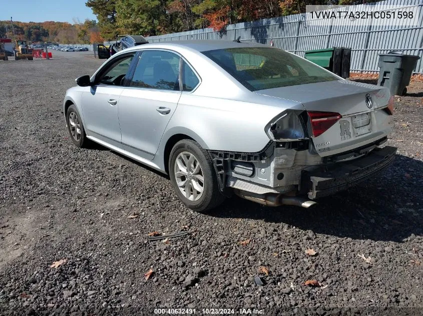 2017 Volkswagen Passat 1.8T S VIN: 1VWAT7A32HC051598 Lot: 40632491