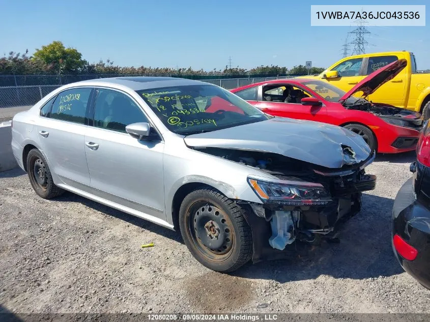 2018 Volkswagen Passat VIN: 1VWBA7A36JC043536 Lot: 12080208