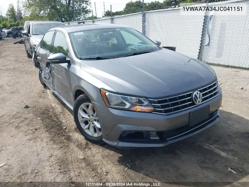 2018 Volkswagen Passat VIN: 1VWAA7A34JC041151 Lot: 12111004