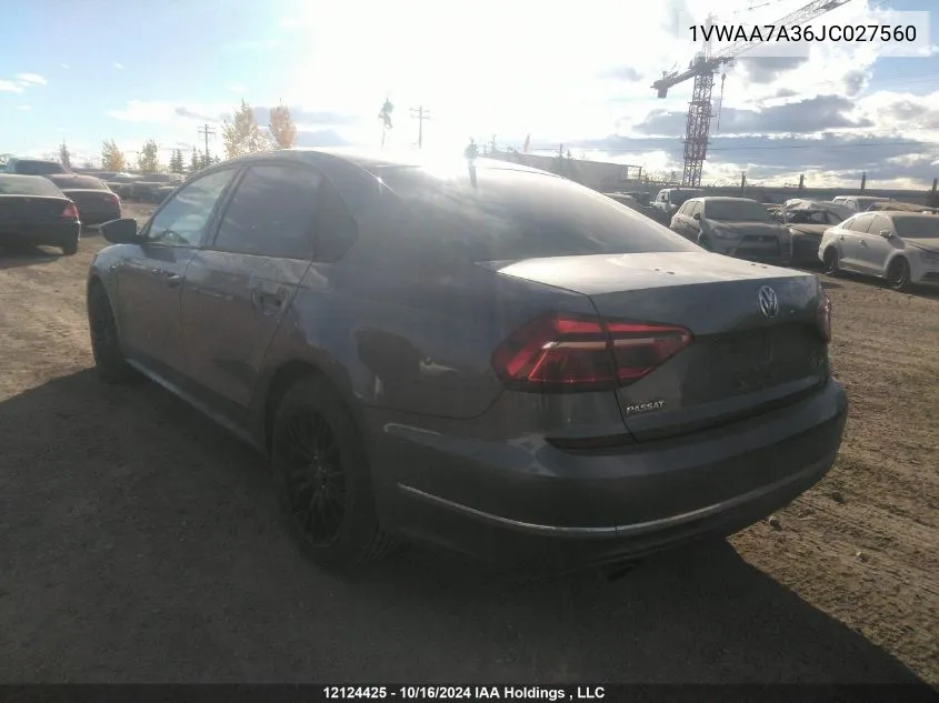 2018 Volkswagen Passat VIN: 1VWAA7A36JC027560 Lot: 12124425