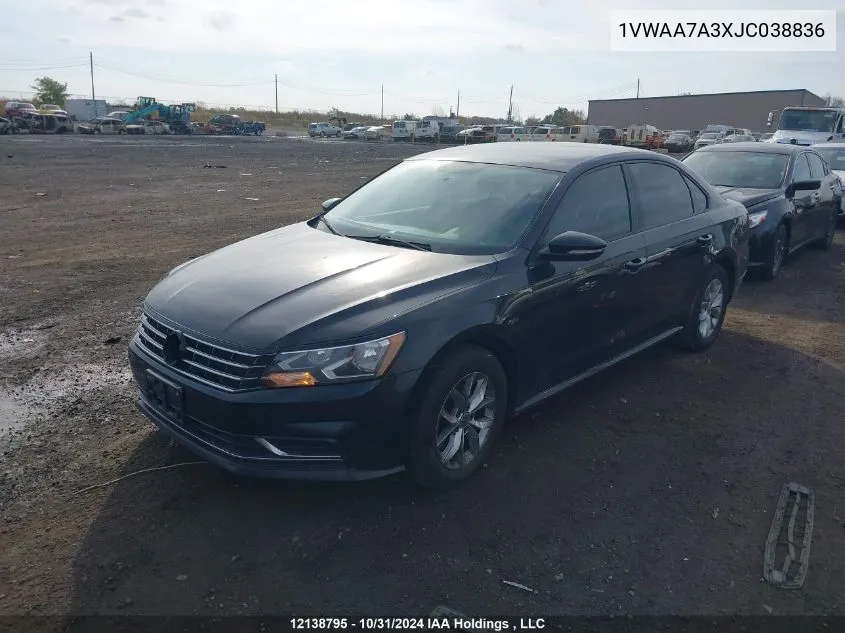 2018 Volkswagen Passat VIN: 1VWAA7A3XJC038836 Lot: 12138795