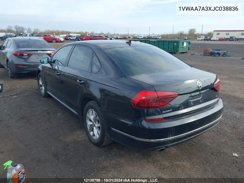 2018 Volkswagen Passat VIN: 1VWAA7A3XJC038836 Lot: 12138795