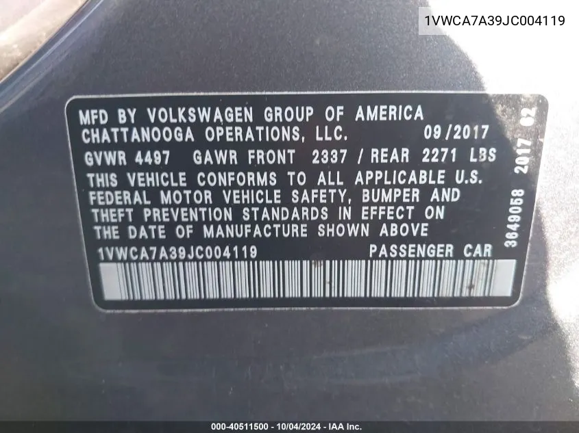 1VWCA7A39JC004119 2018 Volkswagen Passat 2.0T Sel Premium