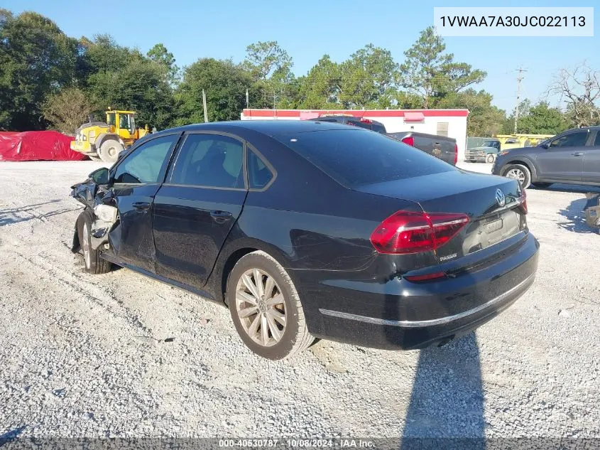 2018 Volkswagen Passat S/R-Line VIN: 1VWAA7A30JC022113 Lot: 40530787