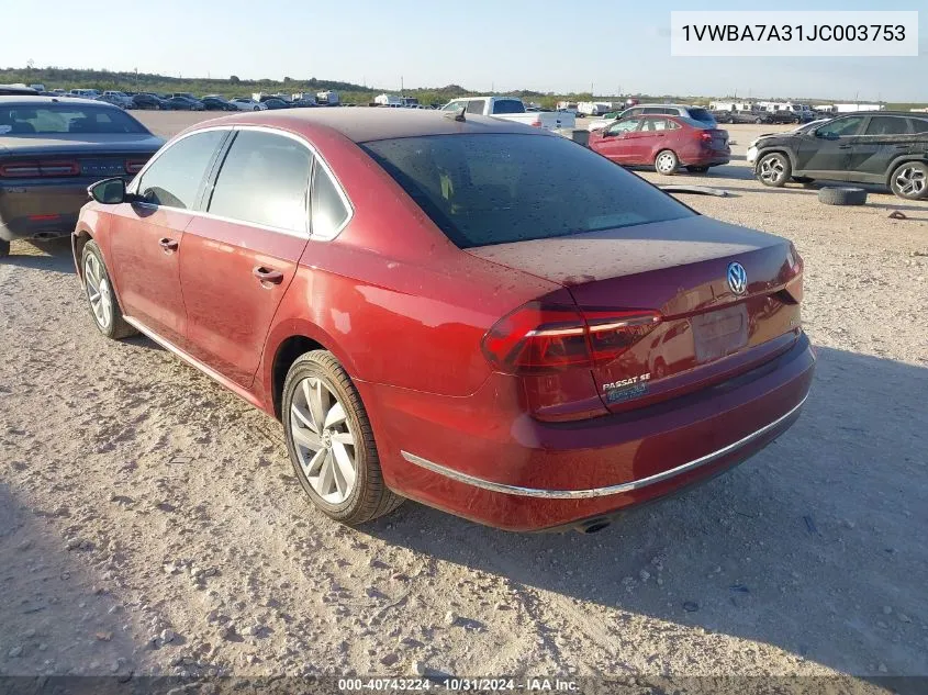 2018 Volkswagen Passat 2.0T Se VIN: 1VWBA7A31JC003753 Lot: 40743224