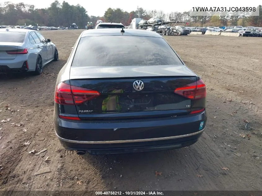 2018 Volkswagen Passat 2.0T R-Line/2.0T S VIN: 1VWAA7A31JC043598 Lot: 40758212