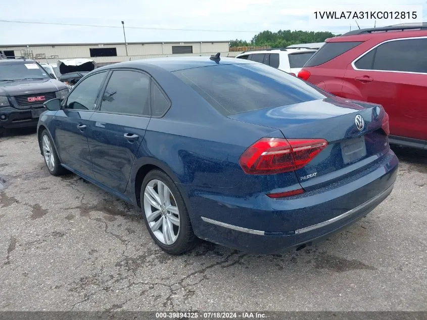 2019 Volkswagen Passat 2.0T Wolfsburg Edition VIN: 1VWLA7A31KC012815 Lot: 39894325