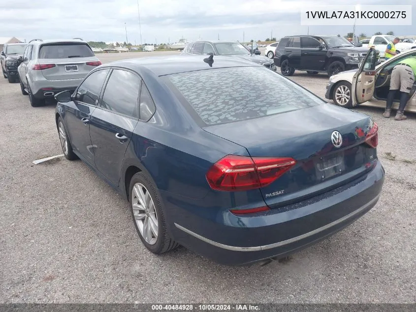 2019 Volkswagen Passat Wolfsburg VIN: 1VWLA7A31KC000275 Lot: 40484928