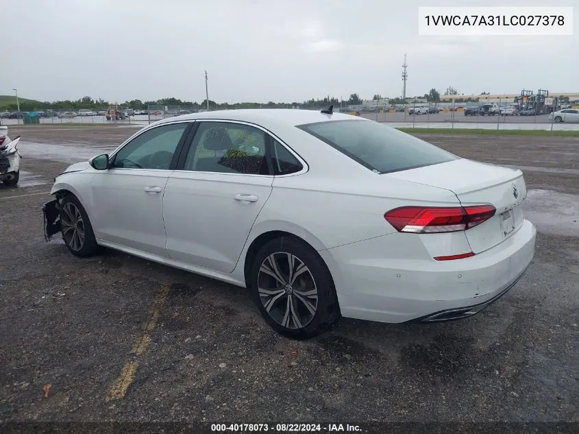 2020 Volkswagen Passat 2.0T Sel VIN: 1VWCA7A31LC027378 Lot: 40178073