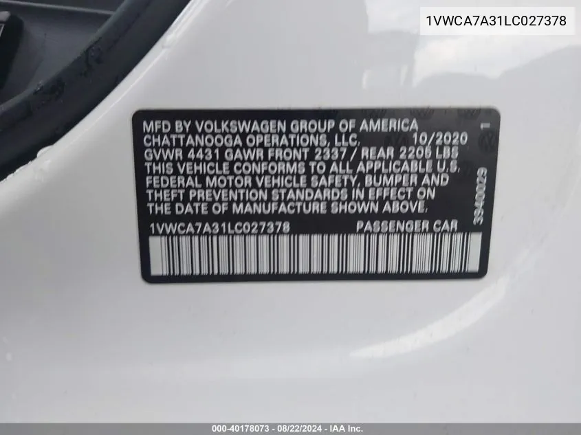 1VWCA7A31LC027378 2020 Volkswagen Passat 2.0T Sel