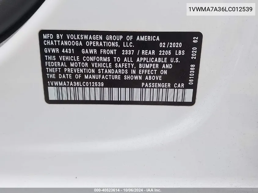 1VWMA7A36LC012539 2020 Volkswagen Passat R-Line