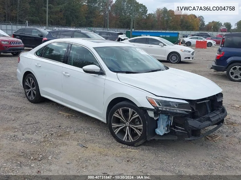 1VWCA7A36LC004758 2020 Volkswagen Passat 2.0T Sel