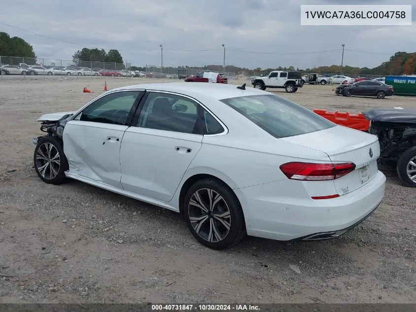 1VWCA7A36LC004758 2020 Volkswagen Passat 2.0T Sel