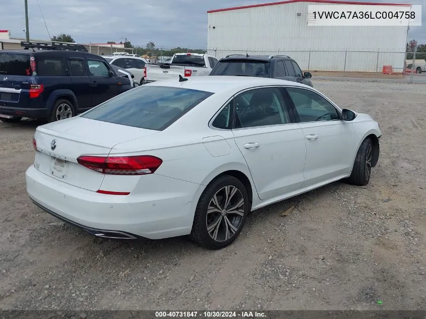 2020 Volkswagen Passat 2.0T Sel VIN: 1VWCA7A36LC004758 Lot: 40731847