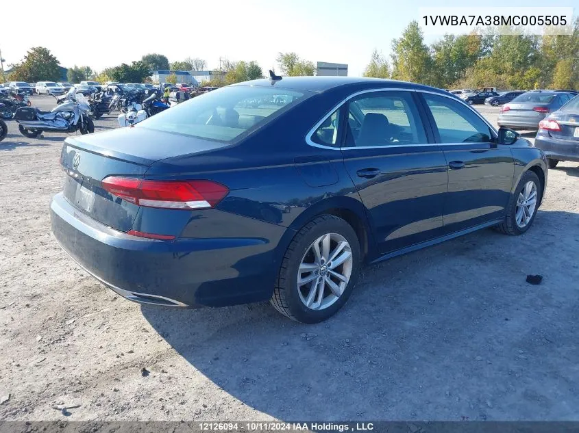 2021 Volkswagen Passat Highline VIN: 1VWBA7A38MC005505 Lot: 12126094