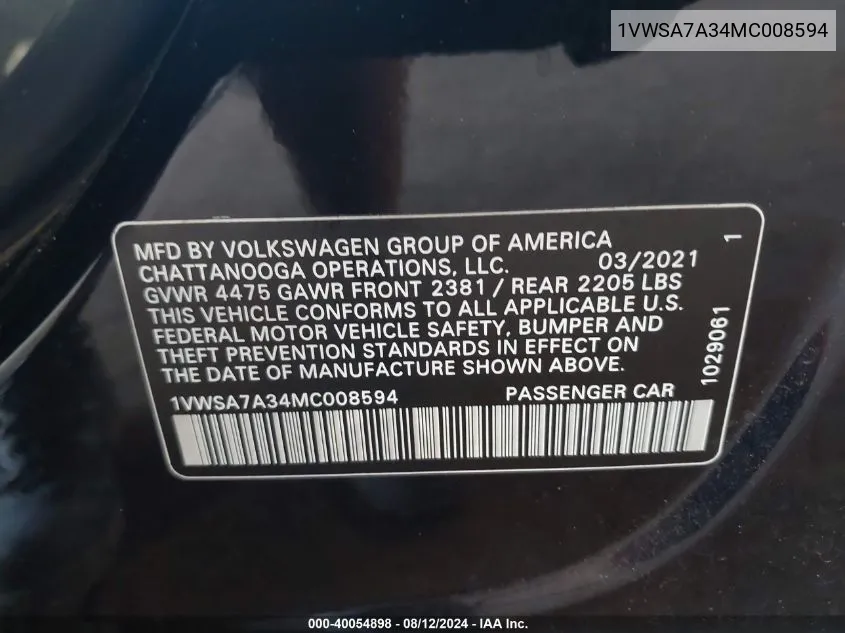 2021 Volkswagen Passat Se VIN: 1VWSA7A34MC008594 Lot: 40054898