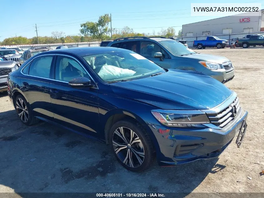 2021 Volkswagen Passat 2.0T Se VIN: 1VWSA7A31MC002252 Lot: 40605101