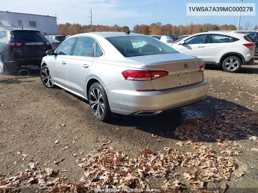 2021 Volkswagen Passat 2.0T Se VIN: 1VWSA7A39MC000278 Lot: 40675554