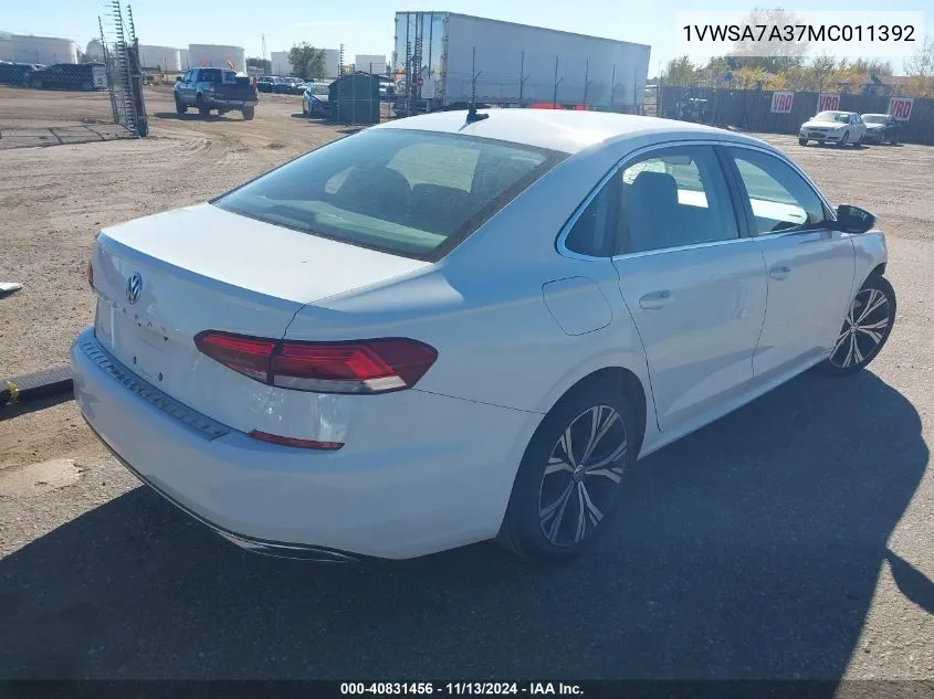 2021 Volkswagen Passat 2.0T Se VIN: 1VWSA7A37MC011392 Lot: 40831456