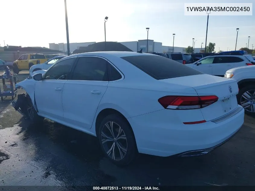 2021 Volkswagen Passat 2.0T Se VIN: 1VWSA7A35MC002450 Lot: 40872513