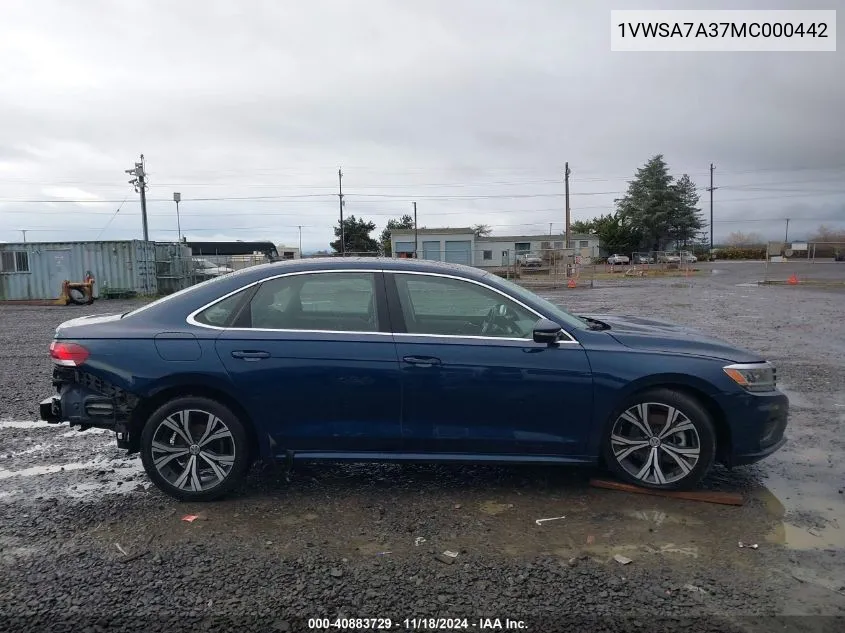 2021 Volkswagen Passat 2.0T Se VIN: 1VWSA7A37MC000442 Lot: 40883729