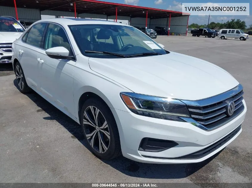 2022 Volkswagen Passat 2.0T Se VIN: 1VWSA7A35NC001252 Lot: 39644545