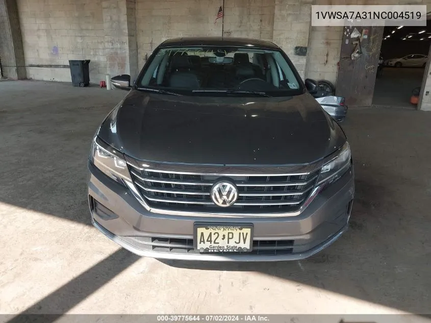 2022 Volkswagen Passat 2.0T Se VIN: 1VWSA7A31NC004519 Lot: 39775644