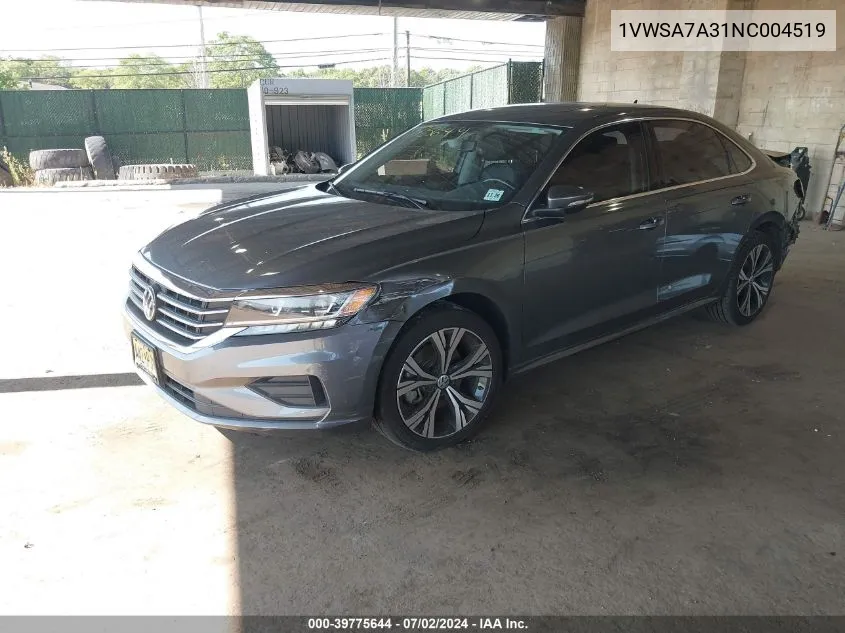 2022 Volkswagen Passat 2.0T Se VIN: 1VWSA7A31NC004519 Lot: 39775644