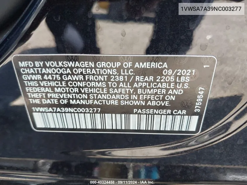 1VWSA7A39NC003277 2022 Volkswagen Passat 2.0T Se