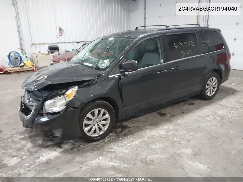 2012 Volkswagen Routan Se VIN: 2C4RVABGXCR194040 Lot: 40753732