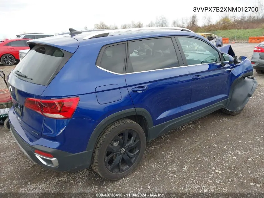 2022 Volkswagen Taos 1.5T Se VIN: 3VVPX7B2XNM012700 Lot: 40738415