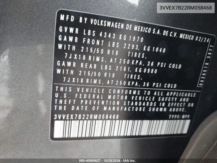 2024 Volkswagen Taos 1.5T Se VIN: 3VVEX7B22RM058468 Lot: 40568627